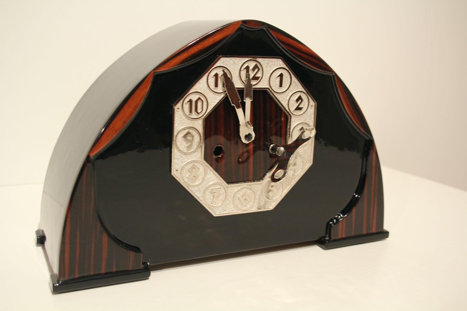 Art Deco Table Clock, Makassar and Nickel, Netherlands, circa 1925 For Sale 6