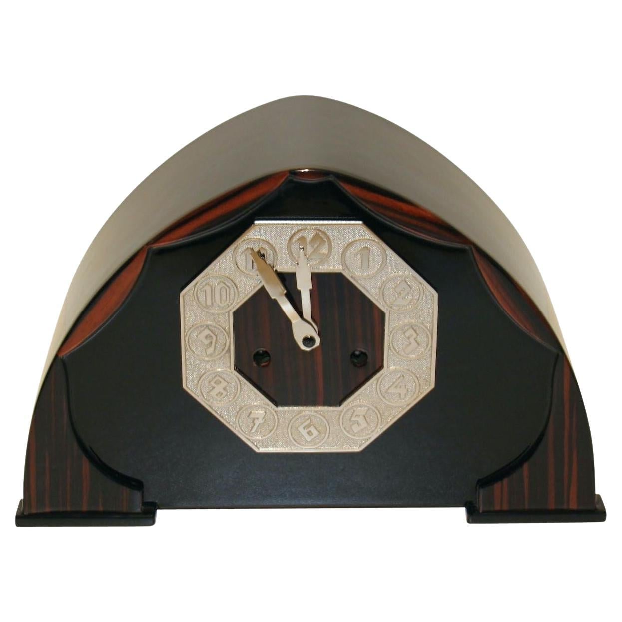 Art Deco Table Clock, Macassar, Lacquer, Nickel, Netherlands circa 1925 For Sale