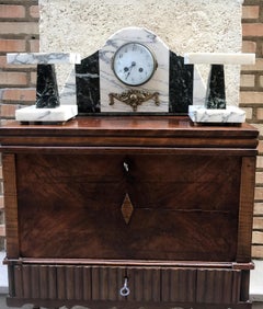 Art Deco Table Clock with Black and White Marble Bases with Bronze, circa 1920