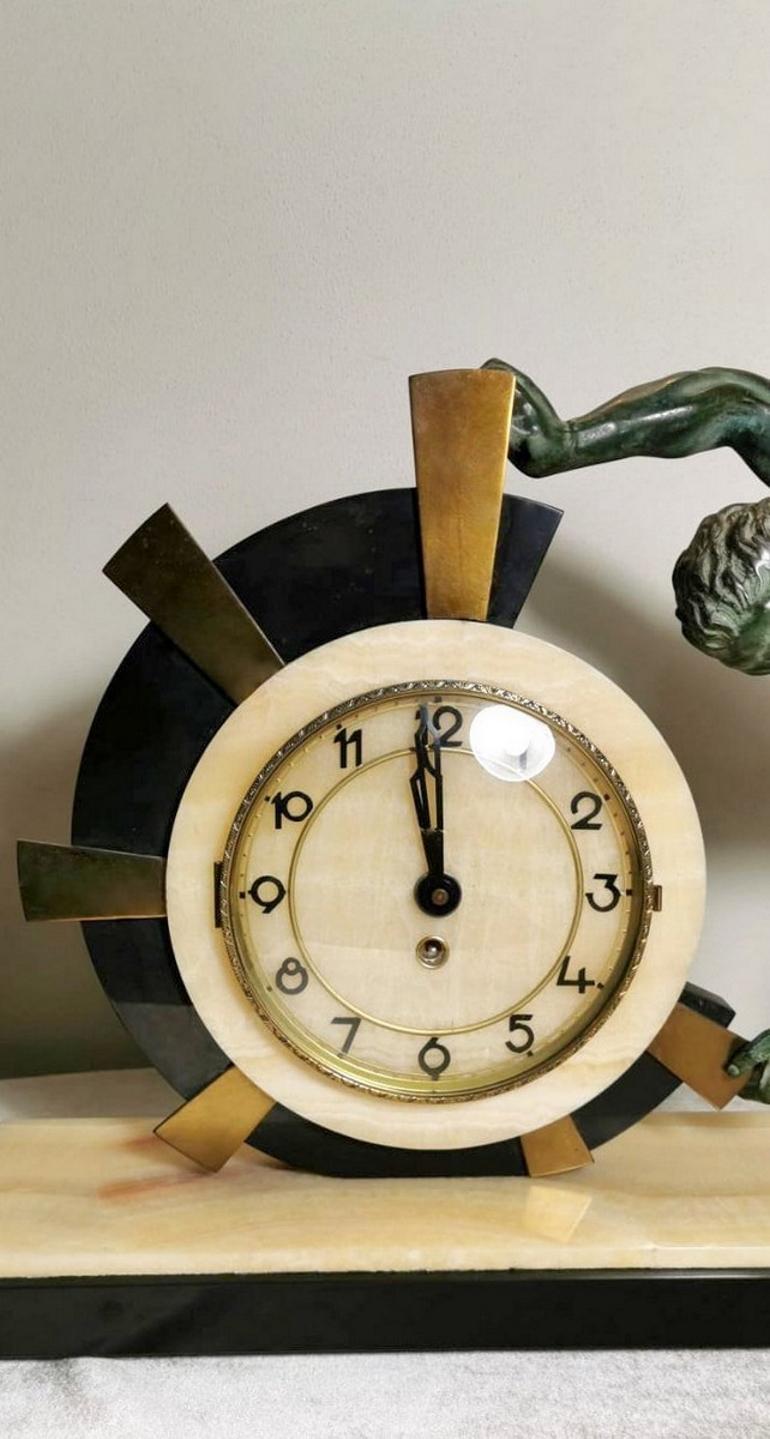 Art Deco Table Clock with Huge Bronze Statue, France 5