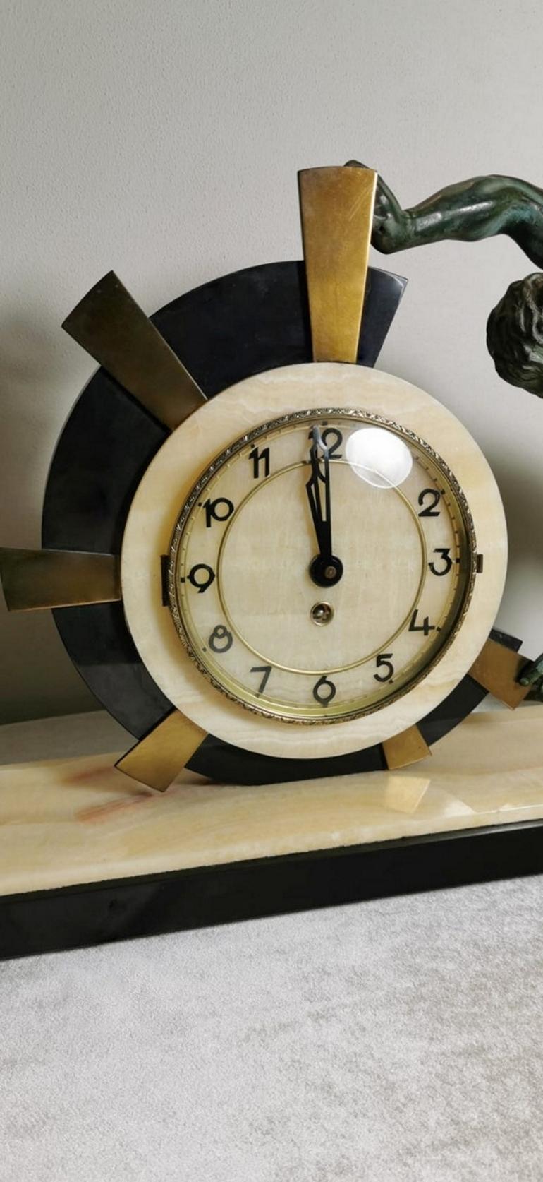 Art Deco Table Clock with Huge Bronze Statue, France 9