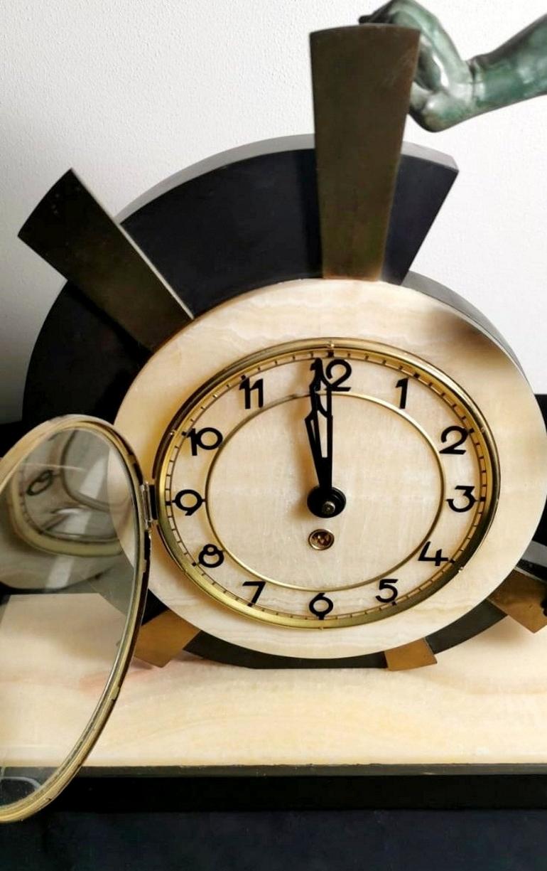 Art Deco Table Clock with Huge Bronze Statue, France 12