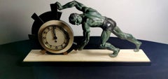 Art Deco Table Clock with Huge Bronze Statue, France