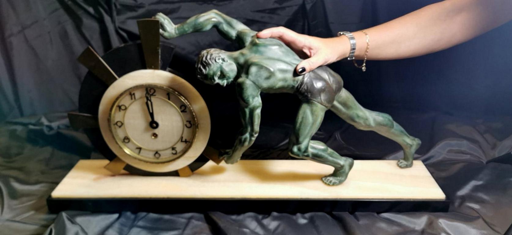French Art Deco Table Clock with Huge Bronze Statue, France