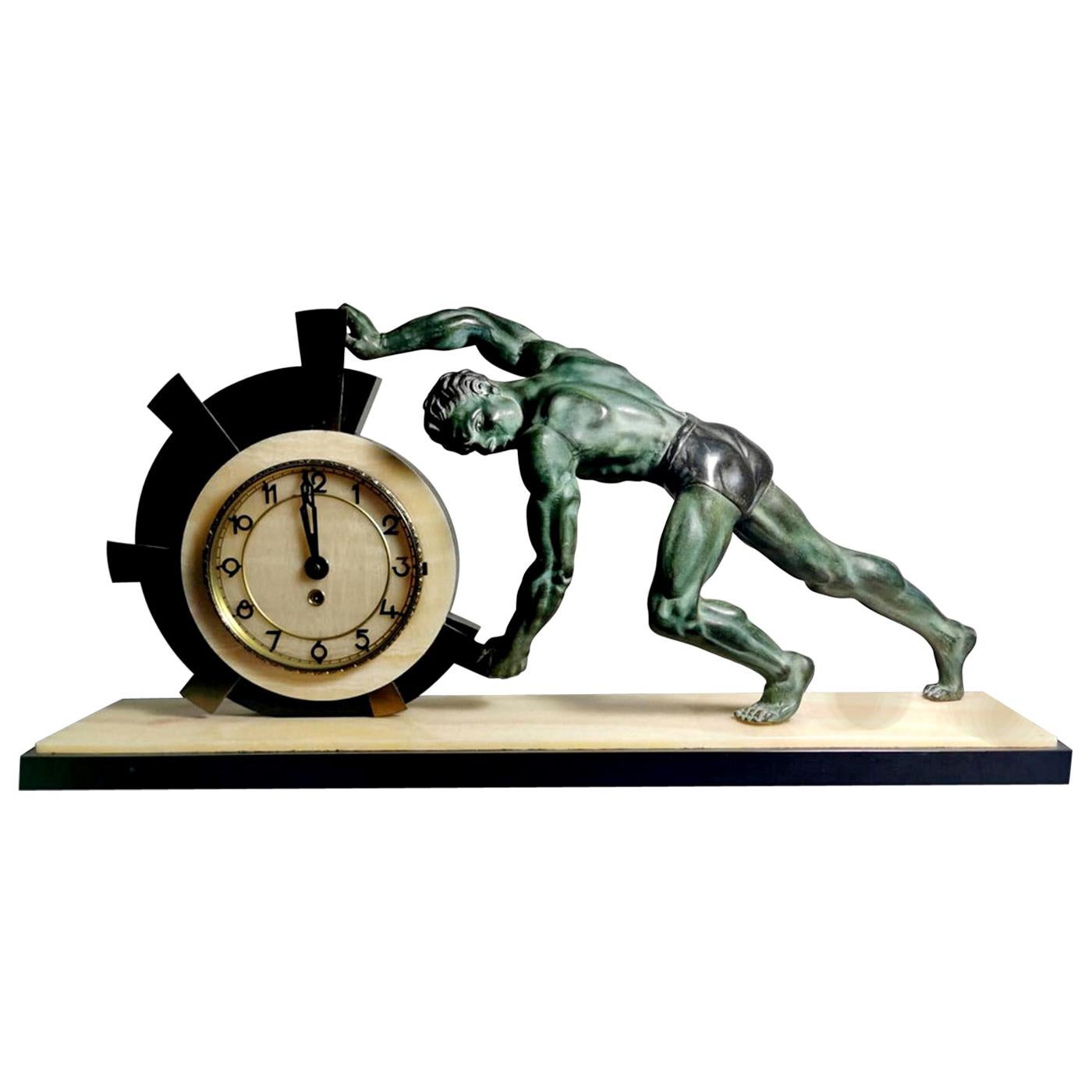 Art Deco Table Clock with Huge Bronze Statue, France