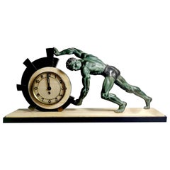 Vintage Art Deco Table Clock with Huge Bronze Statue, France