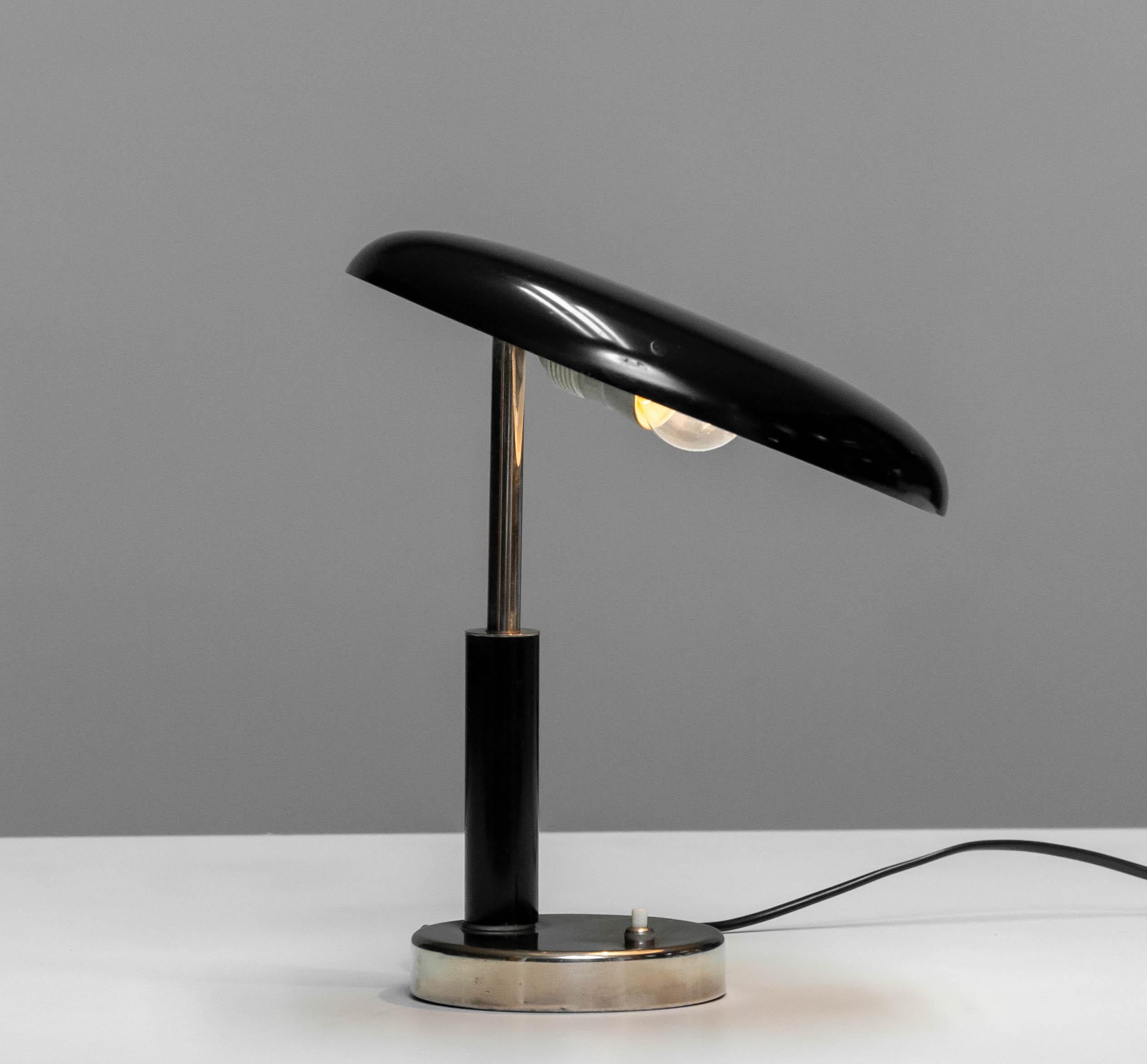 Swedish Art Deco Table / Desk Lamp with Fixed Tilted Black Lacquered Shade 1930s For Sale