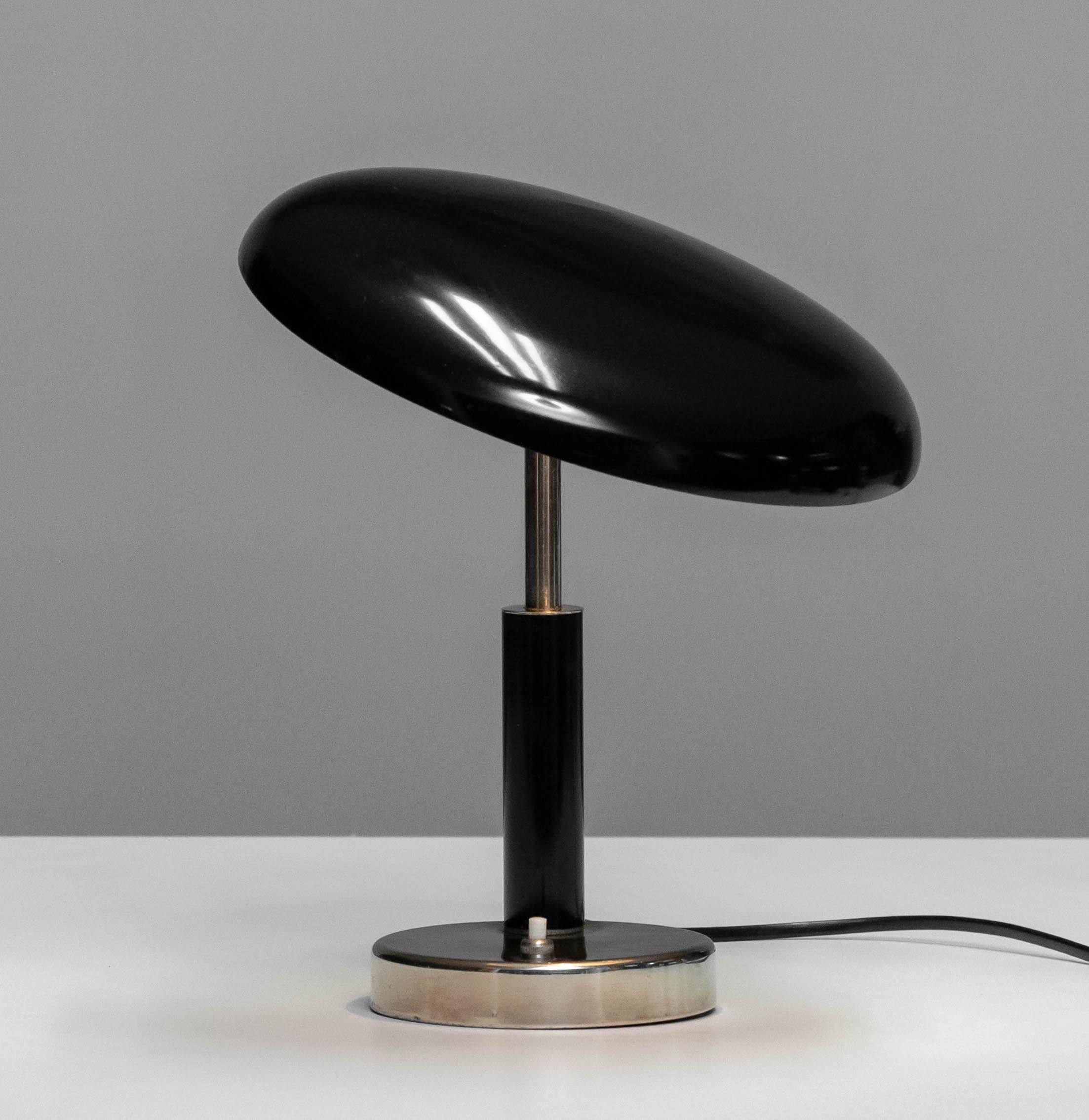Metal Art Deco Table / Desk Lamp with Fixed Tilted Black Lacquered Shade 1930s For Sale