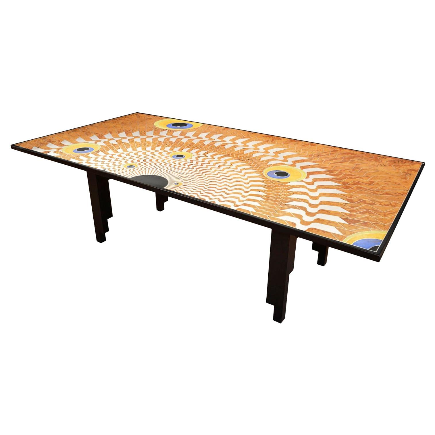 Art Deco dining Table  scagliola art Steel Decoration on Lacquered Wooden Base