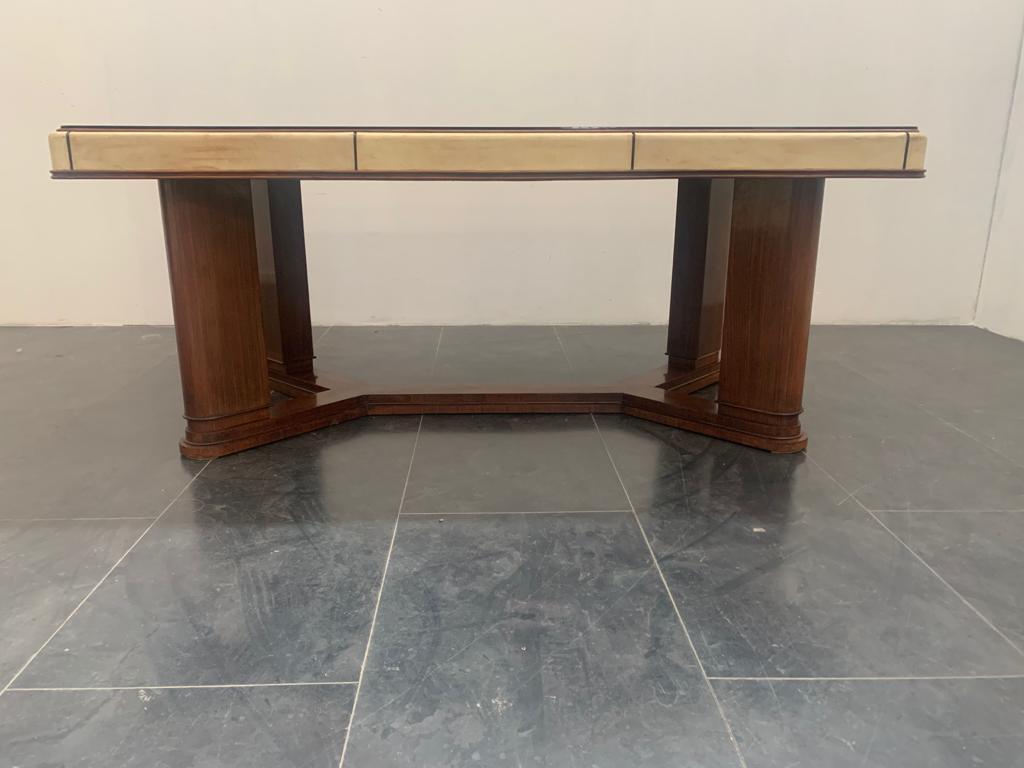 Art Deco table in Rosewood and Parchment with Top in Black Glass
Packaging with bubble wrap and cardboard boxes is included. If the wooden packaging is needed (fumigated crates or boxes) for US and International Shipping, it's required a separate