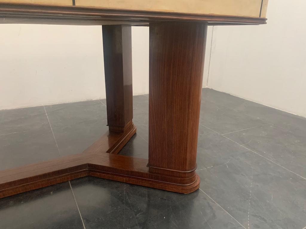 Italian Art Deco Table in Rosewood and Parchment with Top in Black Glass For Sale