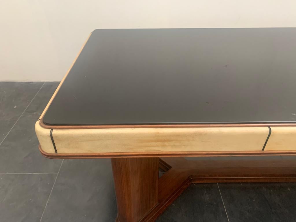 Mid-20th Century Art Deco Table in Rosewood and Parchment with Top in Black Glass For Sale