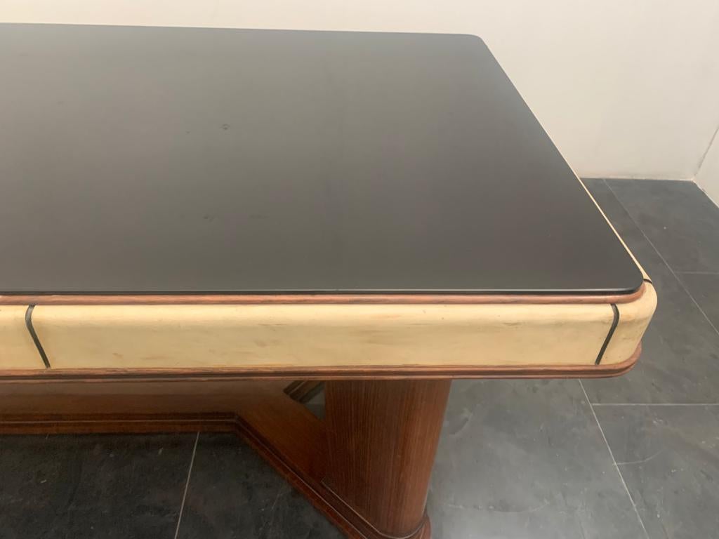 Art Deco Table in Rosewood and Parchment with Top in Black Glass For Sale 1