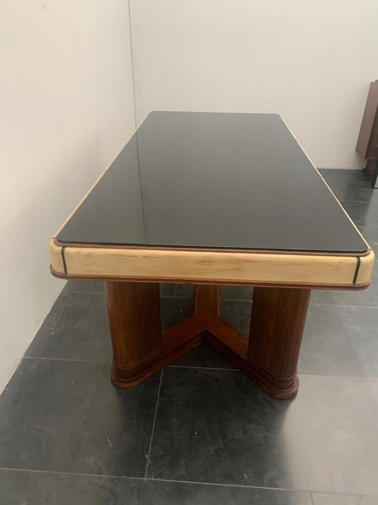 Art Deco Table in Rosewood and Parchment with Top in Black Glass For Sale 2