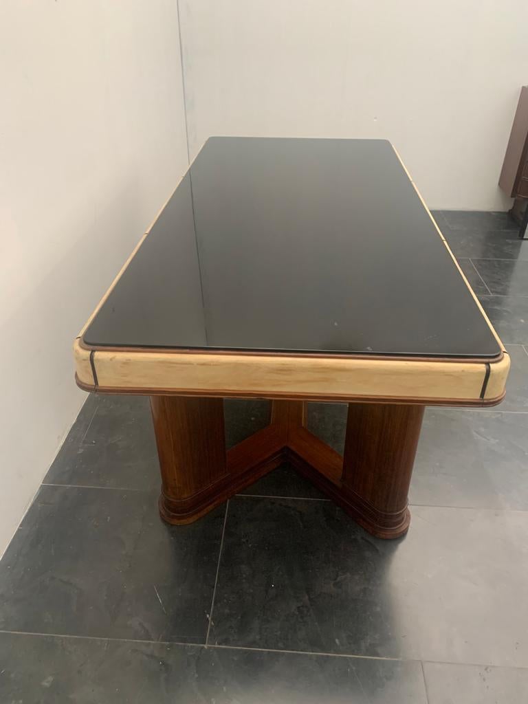 Art Deco Table in Rosewood and Parchment with Top in Black Glass For Sale 3