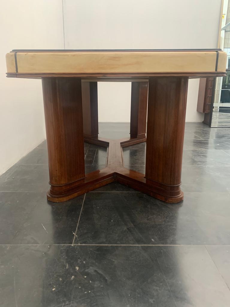 Art Deco Table in Rosewood and Parchment with Top in Black Glass For Sale 4