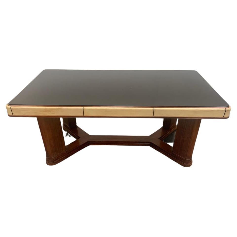 Art Deco Table in Rosewood and Parchment with Top in Black Glass For Sale