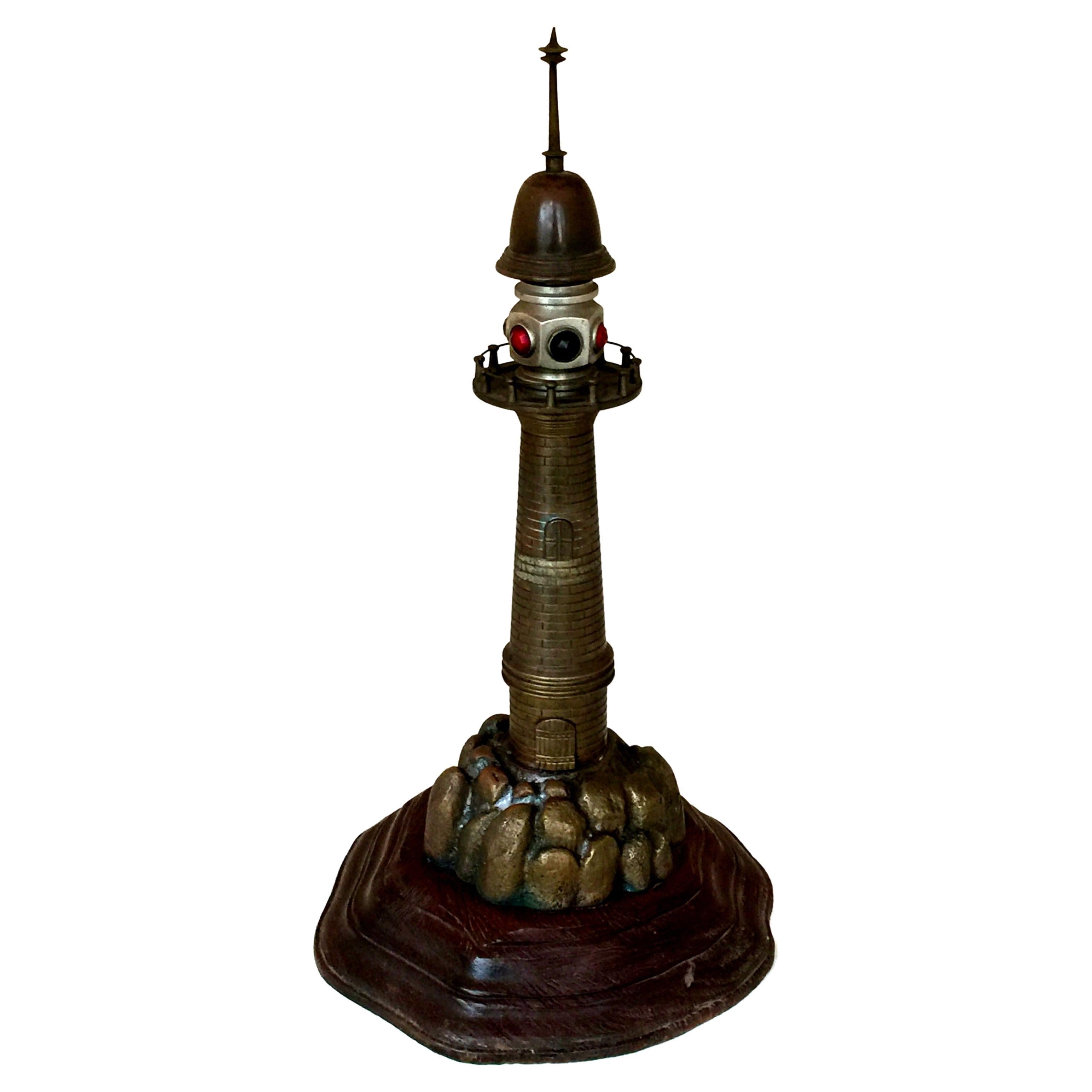 Lighthouse Art Deco Table Lamp, 1920, Material: Bronze and Wood, France For Sale
