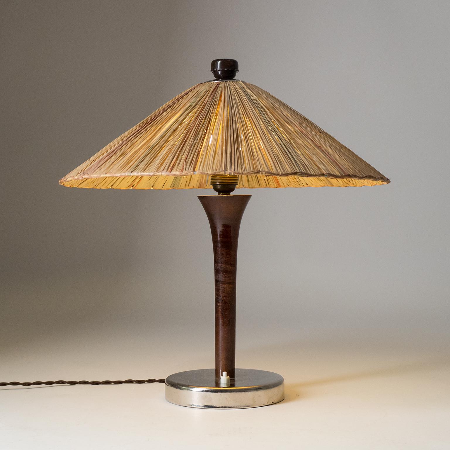 German Art Deco Table Lamp, 1930s, with Original Straw Shade