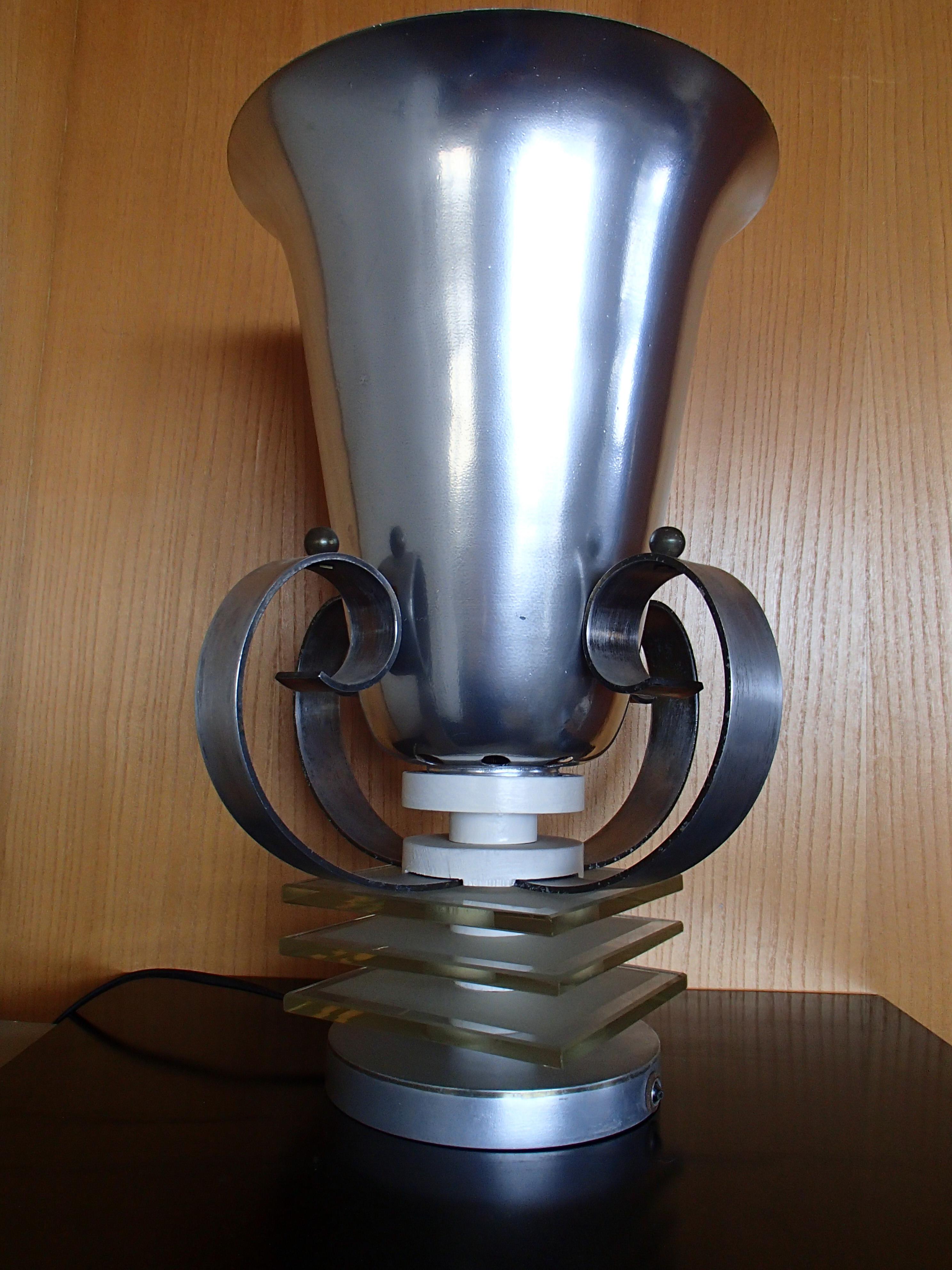 French Art Deco Table Lamp Aluminium and Glass For Sale