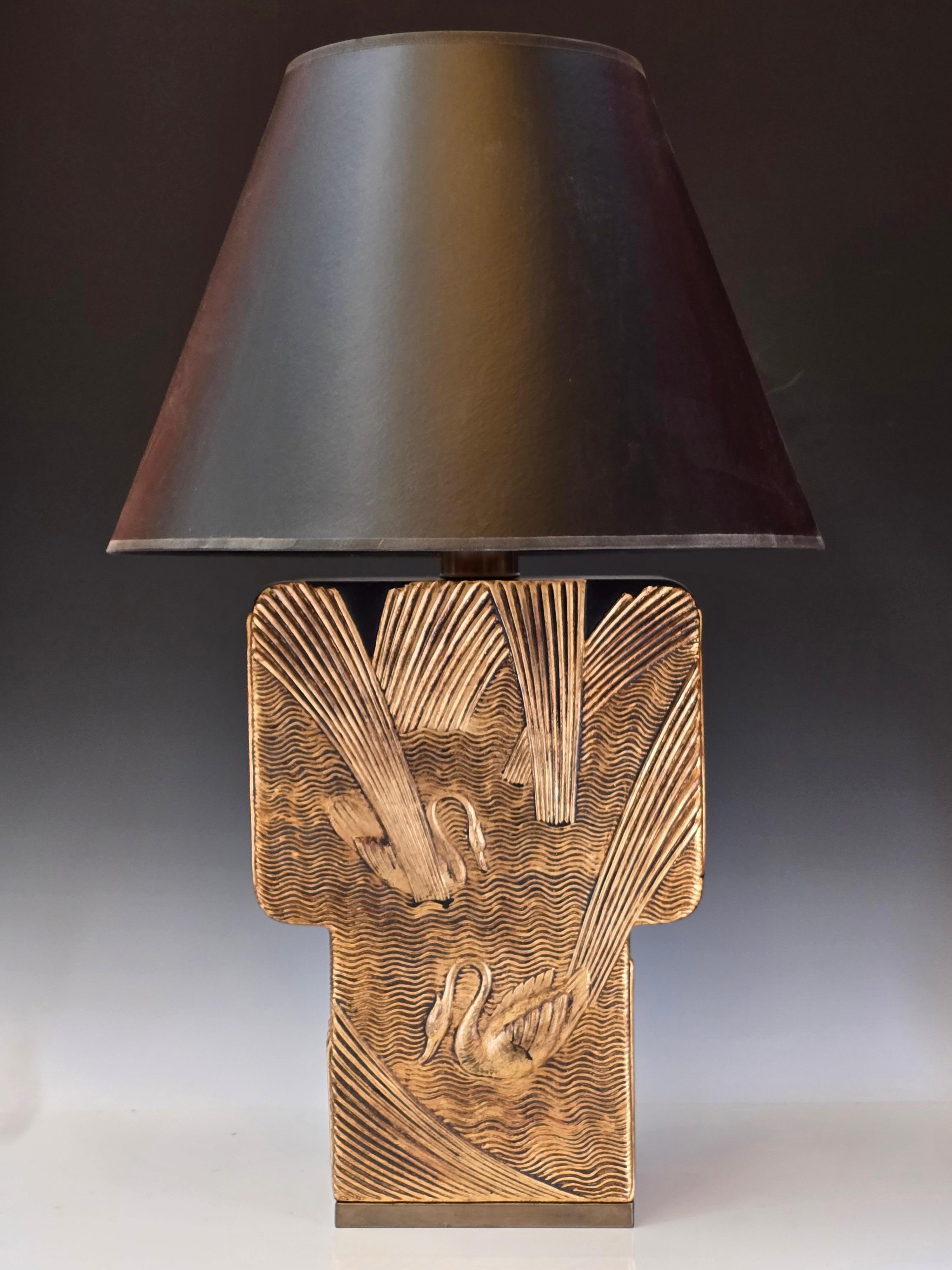 Stunning textural table lamp by Chapman circa 1982.   Made to resemble French Deco lacquer work similar in style to the works of Jean Dunand.   This happened in the early 1980s when the Art Deco style came back and was called either Art Deco Revival