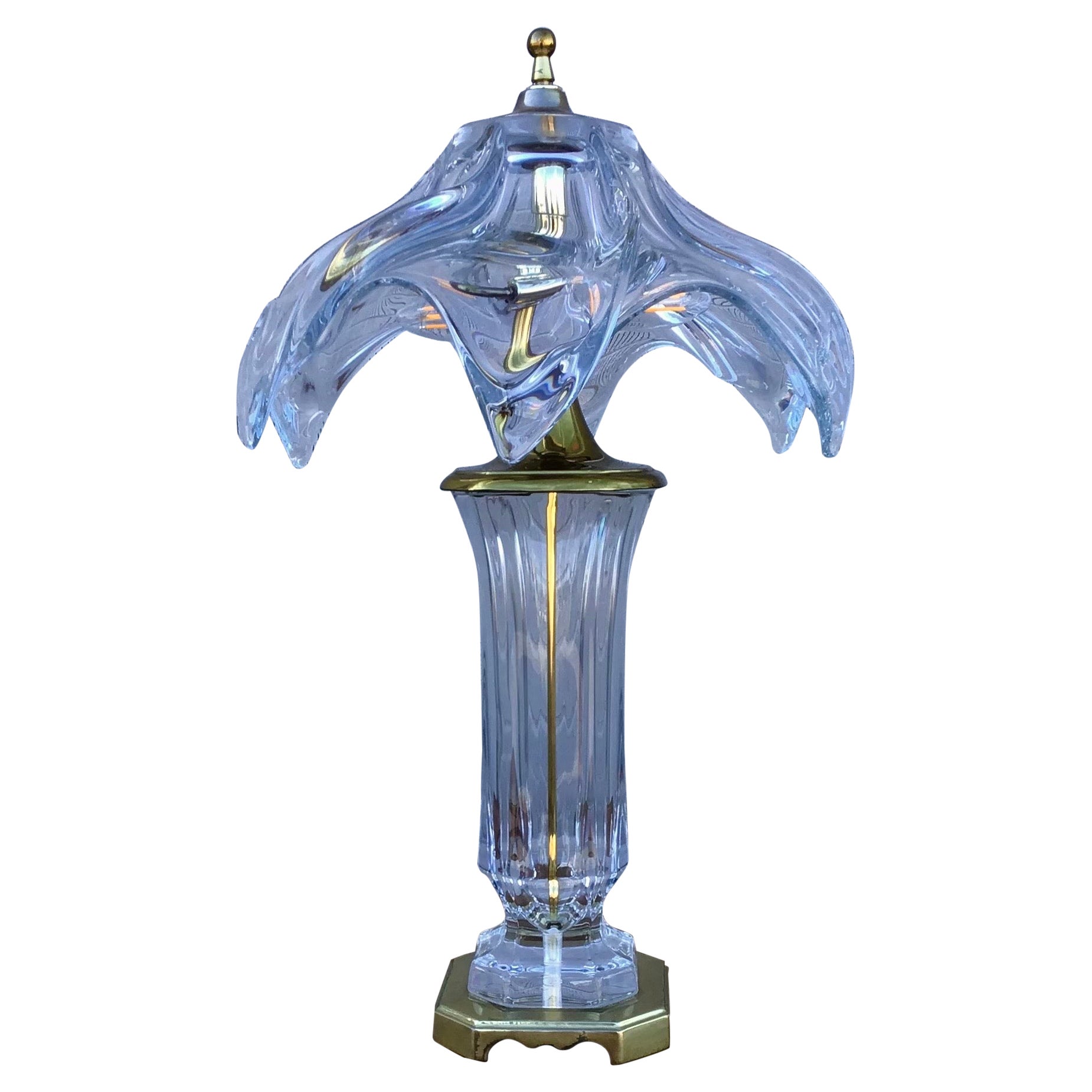 Lámpara de Sobremesa Art Decó de Cofrac Art Verrier, Cristal Transparente y Latón, Francia, Años 70 en venta