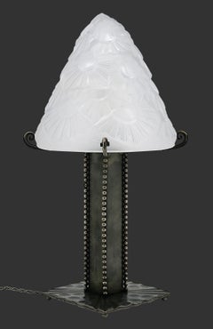 Art Deco Table Lamp by Degue & Vasseur, Wrought Iron & Glass, France