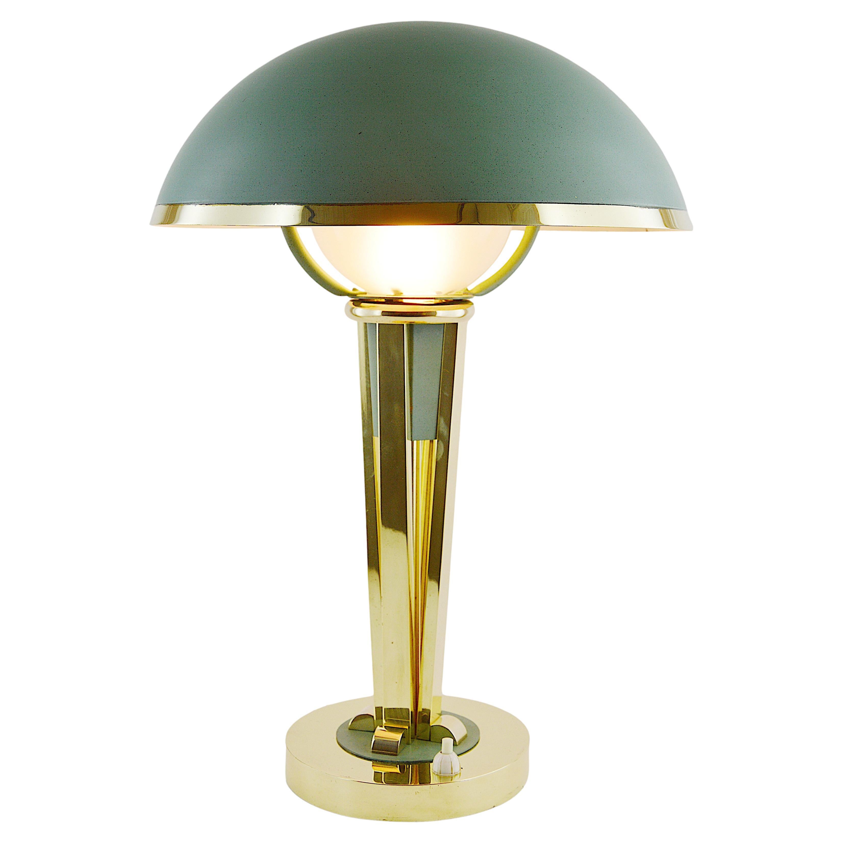 Lampada da tavolo Art Déco di Jacques Adnet, ottone e vetro, Francia, 1940