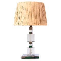 Art Deco Table Lamp - Chrome, Glass and Raffia - Jacques Adnet Style 1940s
