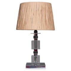 Art Deco Table Lamp - Chrome, Plexiglas and Raffia - Jacques Adnet Style 1940s