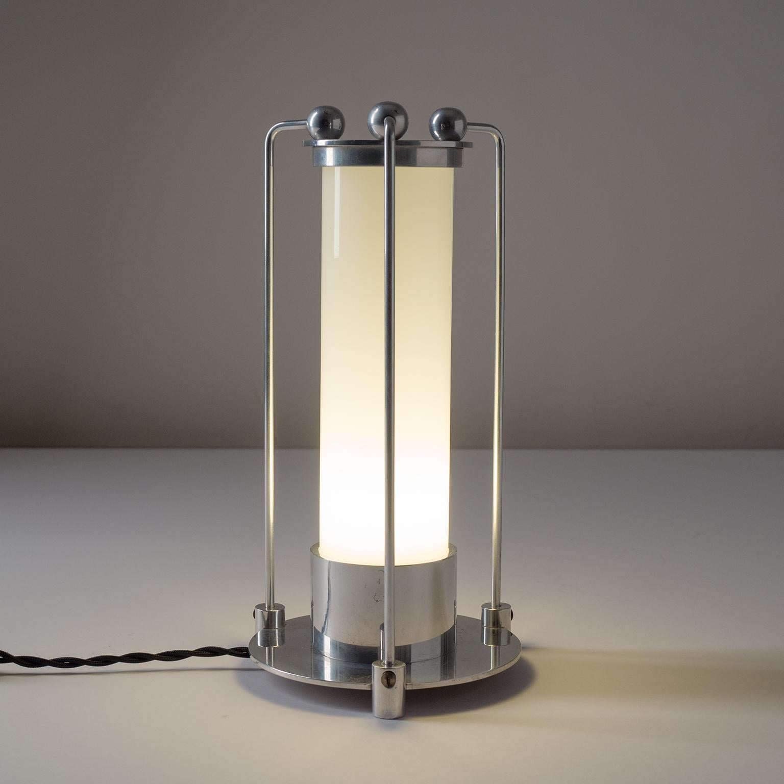 German Art Deco Table Lamp, circa 1930, Aluminum and Opaline Glass