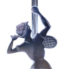 Art Deco Style Table Lamp Chrome Tennis Player Figure Stem White Glass Shade