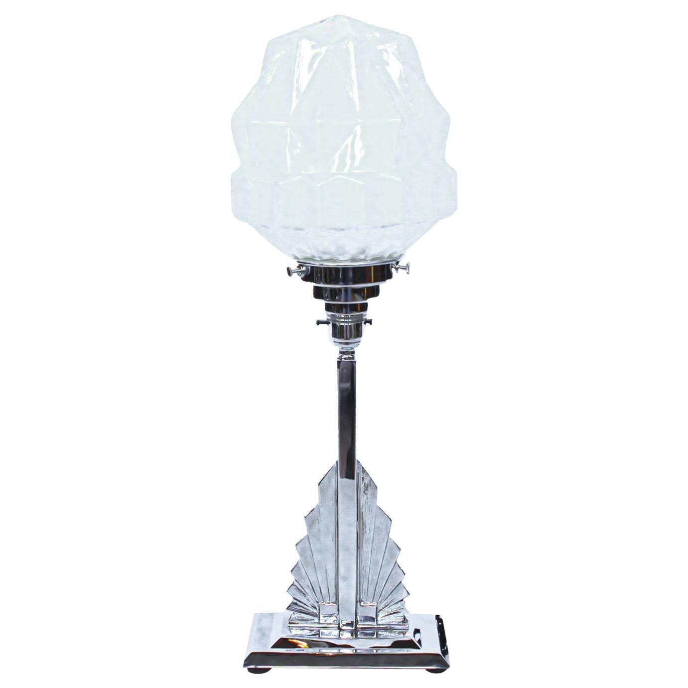 Art Deco Style Table Lamp Chromed & Polished Metal Fan Shaped Stem Iceberg Shade