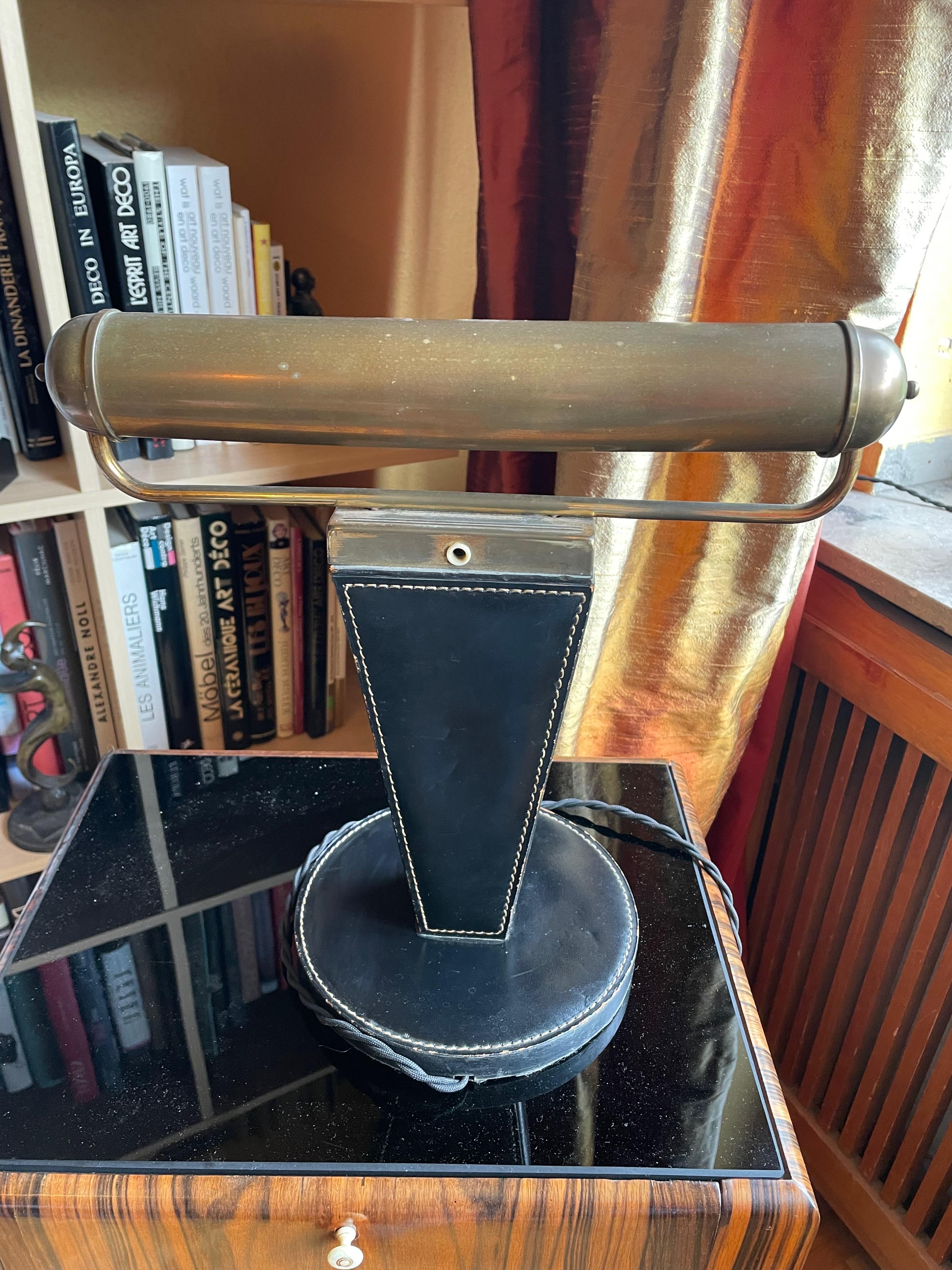 Art Déco table lamp. France 1940s. Jacques Adnet. Stiched Leather , Brass. For Sale 1