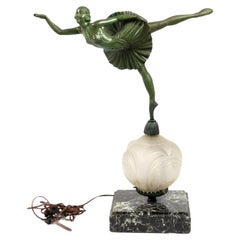 Art Deco Table Lamp Green Bronze Dancer Statue, 20th Century