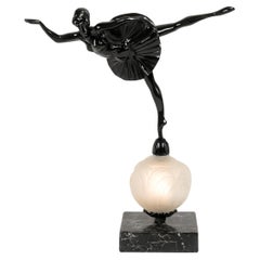 Vintage Art Deco Table Lamp Green Bronze Dancer Statue, 20th Century