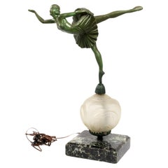 Art Deco Table Lamp Green Bronze Dancer Statue, 20th Century