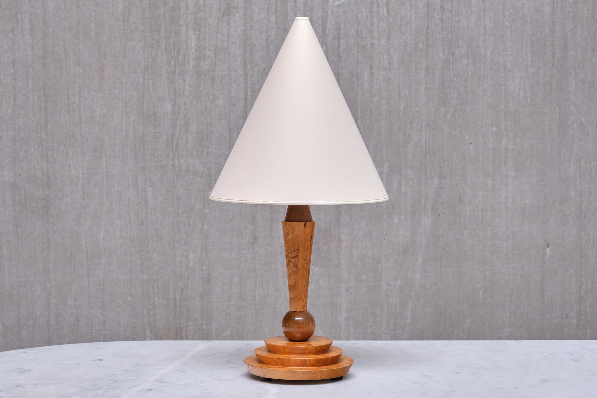 Austrian Art Deco Table Lamp in Birdseye Maple with Ivory Colored Shade, Austria, 1930s For Sale