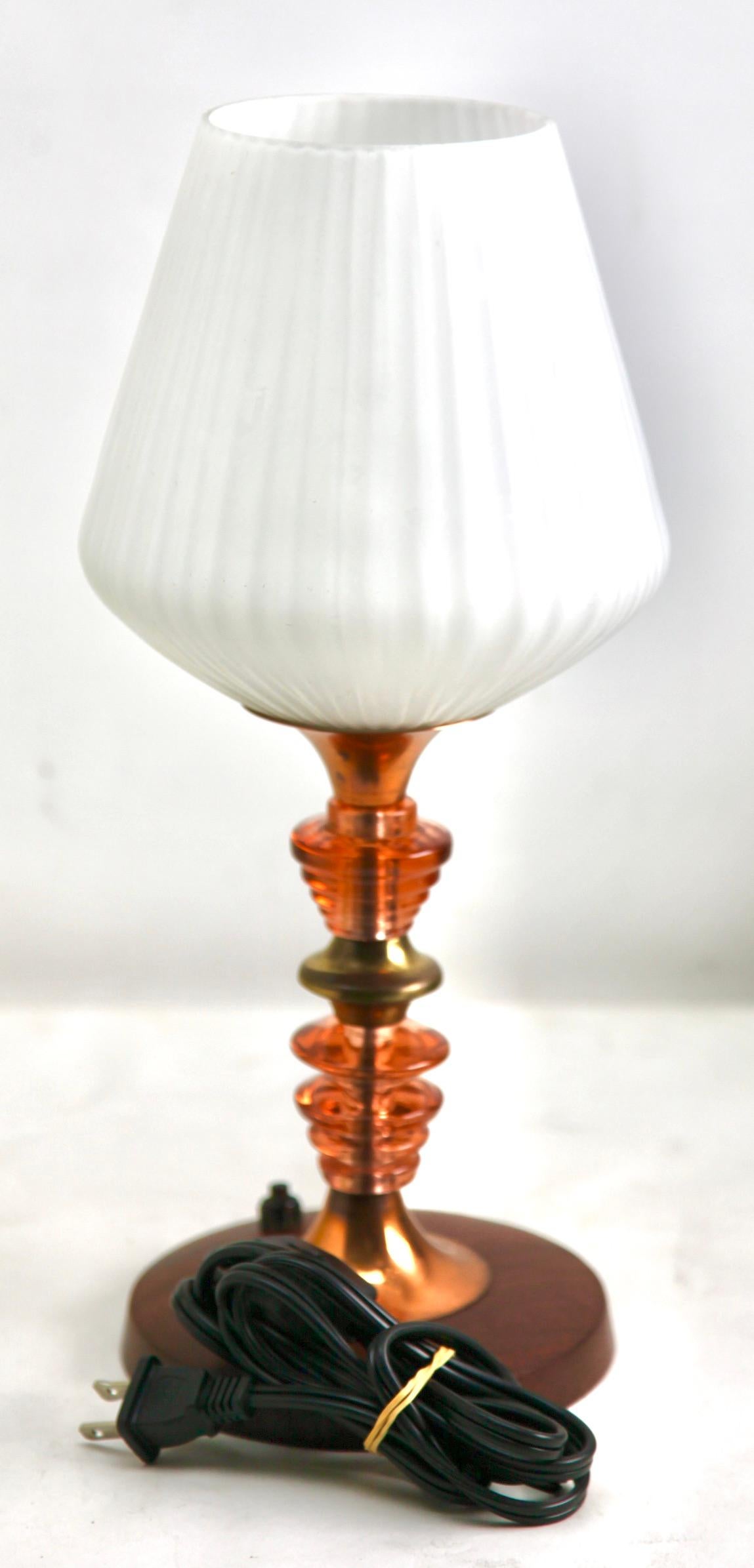 Molded Art Deco Table Lamp in Colored Glass and with Brass Details, 1935 For Sale