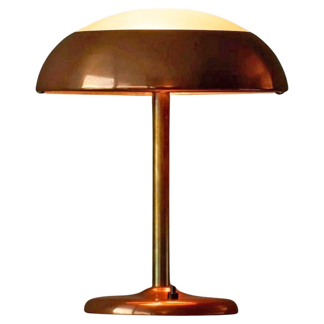 Art Deco Table Lamp in Patinated Copper, Brass and Satin Glass 1950s