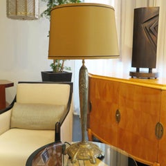 Art Deco Table Lamp in Relief Brass with New Silk Shade