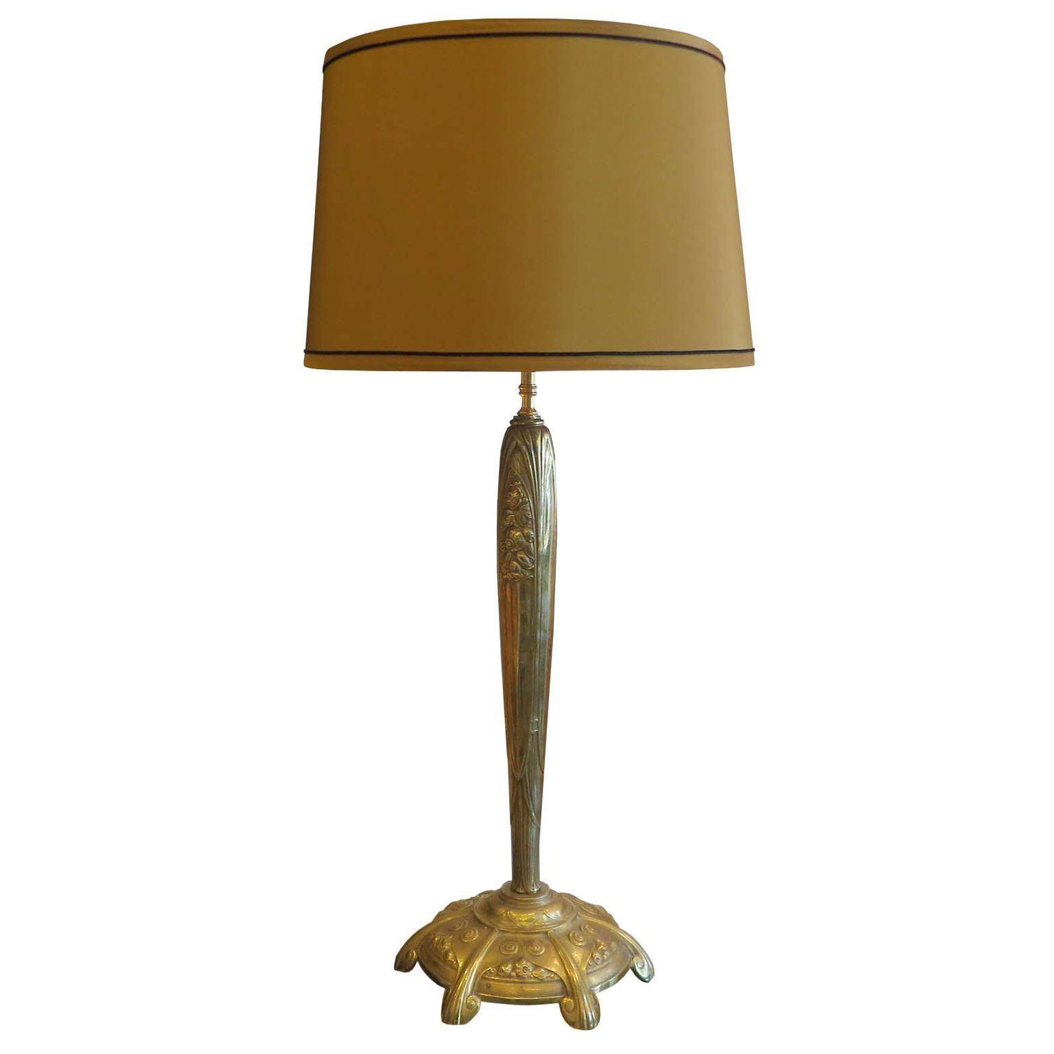 Art Deco Table Lamp in Relief Brass with New Silk Shade