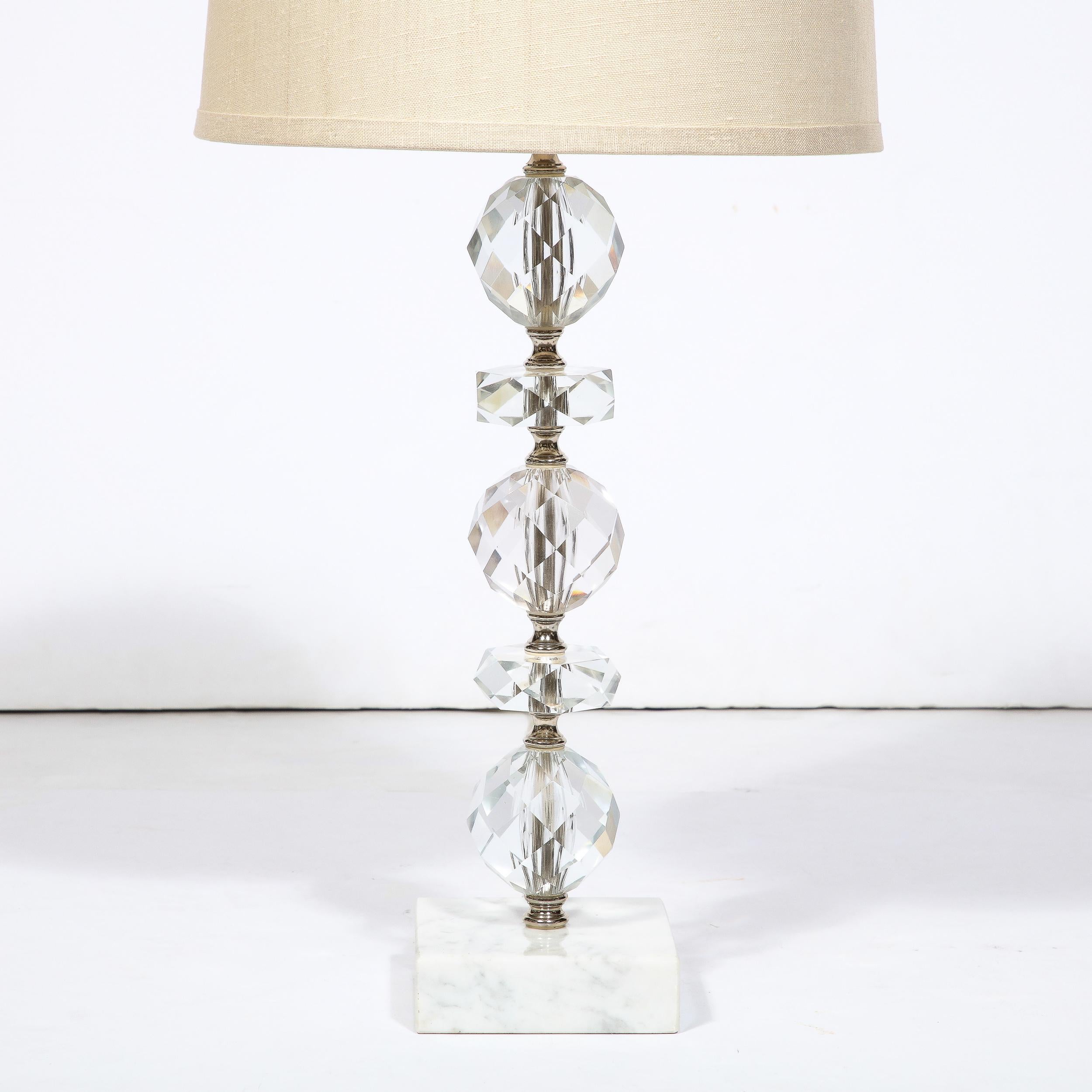 American Art Deco Table Lamp in Stacked and Faceted Cut Crystal w/ Carrara Marble Base For Sale