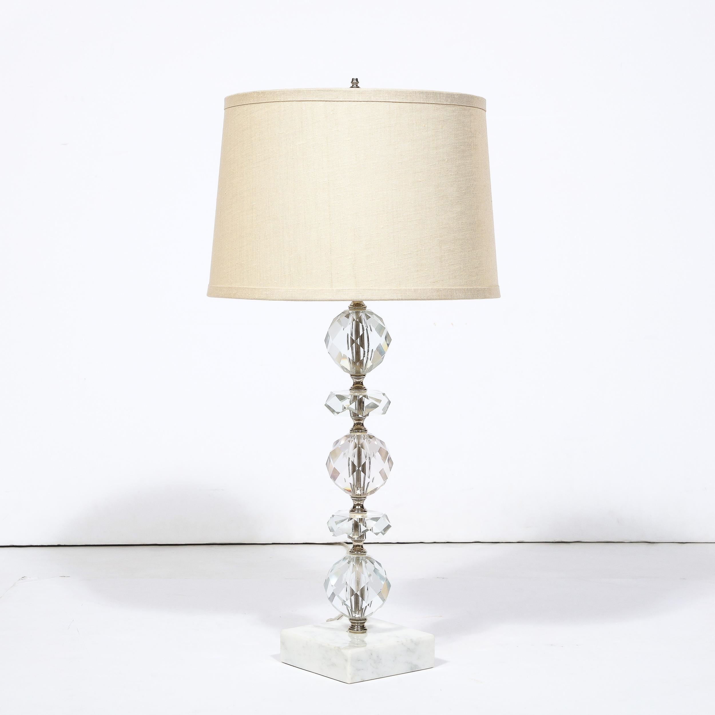 Art Deco Table Lamp in Stacked and Faceted Cut Crystal w/ Carrara Marble Base In Excellent Condition For Sale In New York, NY
