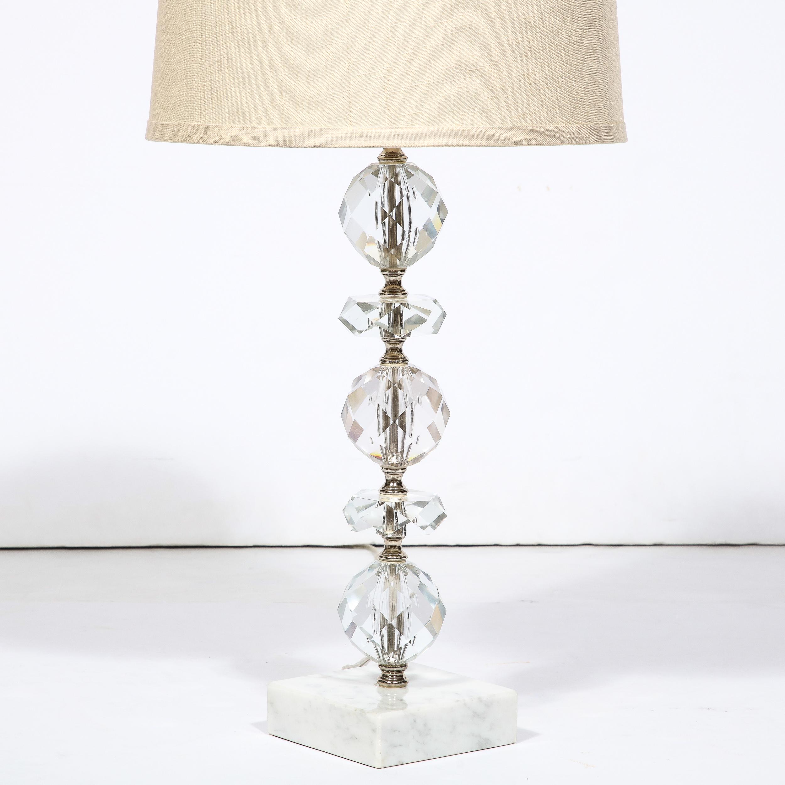 Mid-20th Century Art Deco Table Lamp in Stacked and Faceted Cut Crystal w/ Carrara Marble Base For Sale