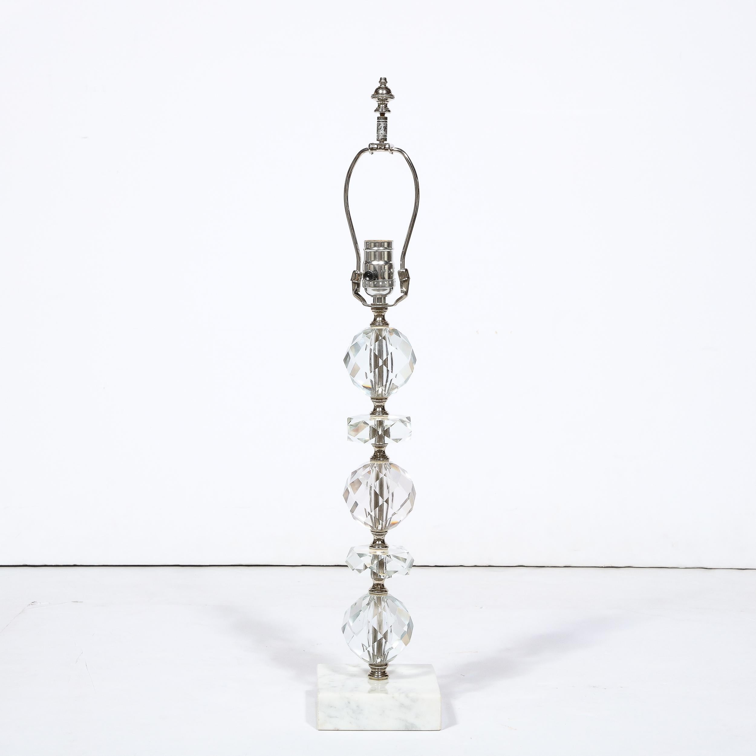Art Deco Table Lamp in Stacked and Faceted Cut Crystal w/ Carrara Marble Base For Sale 3