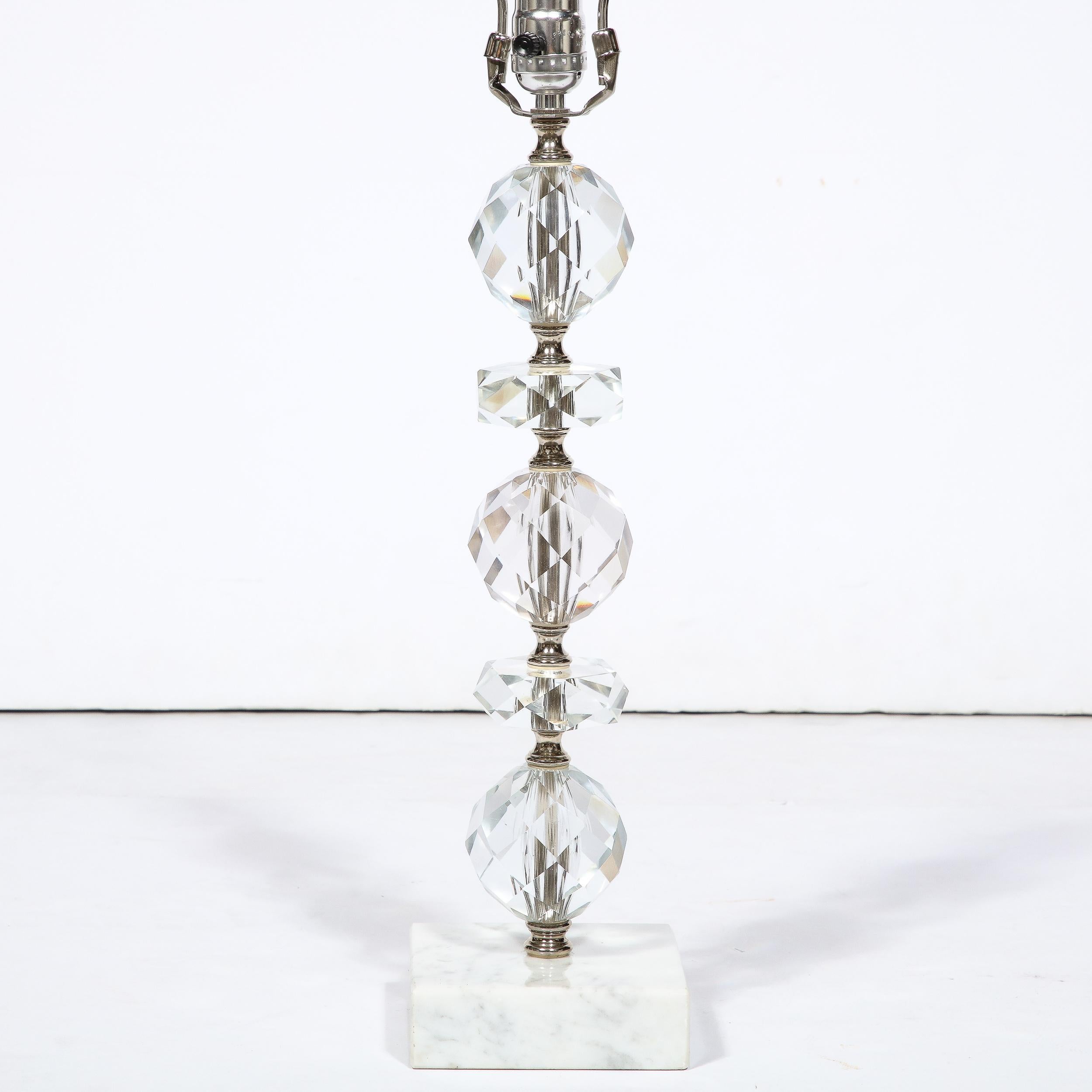 Art Deco Table Lamp in Stacked and Faceted Cut Crystal w/ Carrara Marble Base For Sale 4