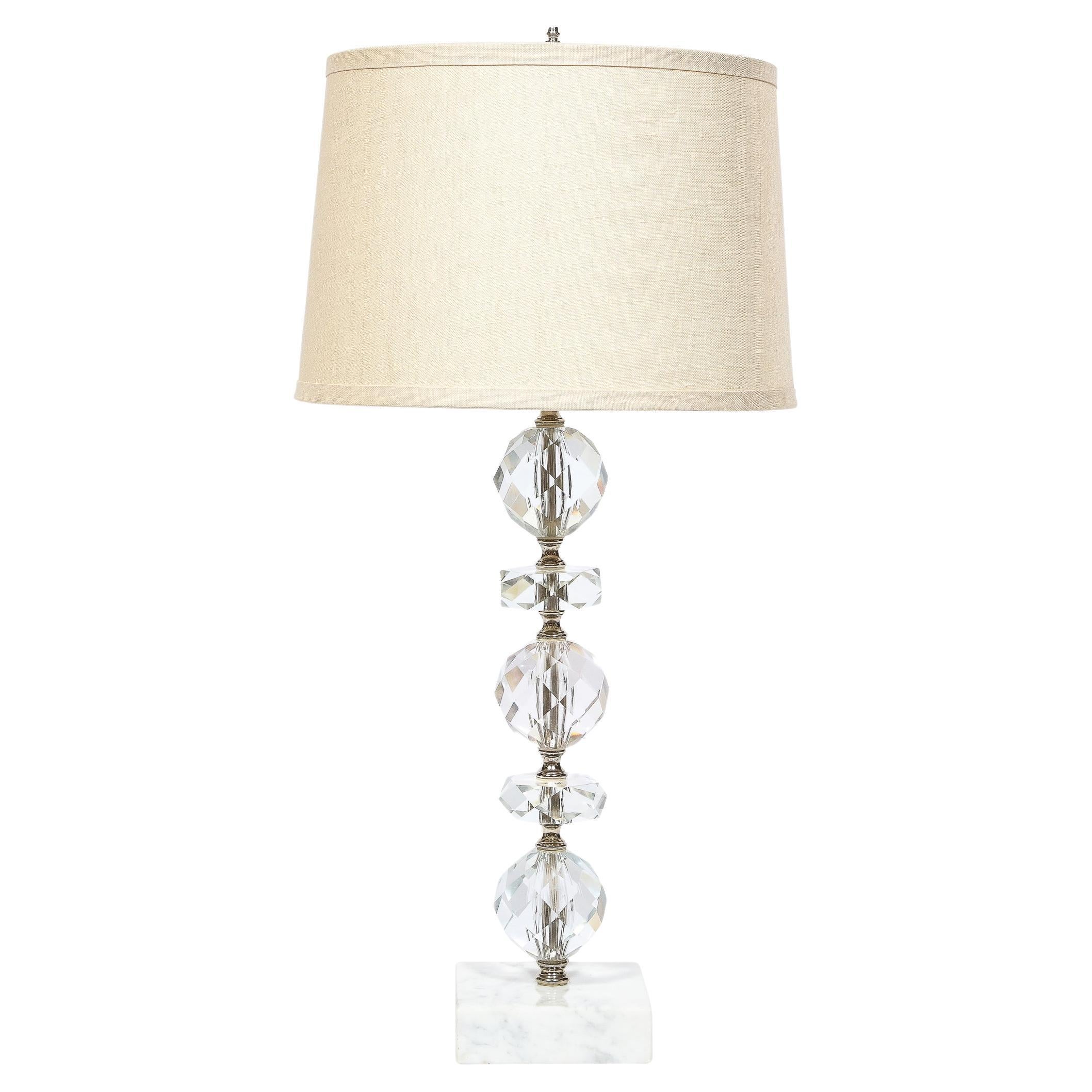 Art Deco Table Lamp in Stacked and Faceted Cut Crystal w/ Carrara Marble Base