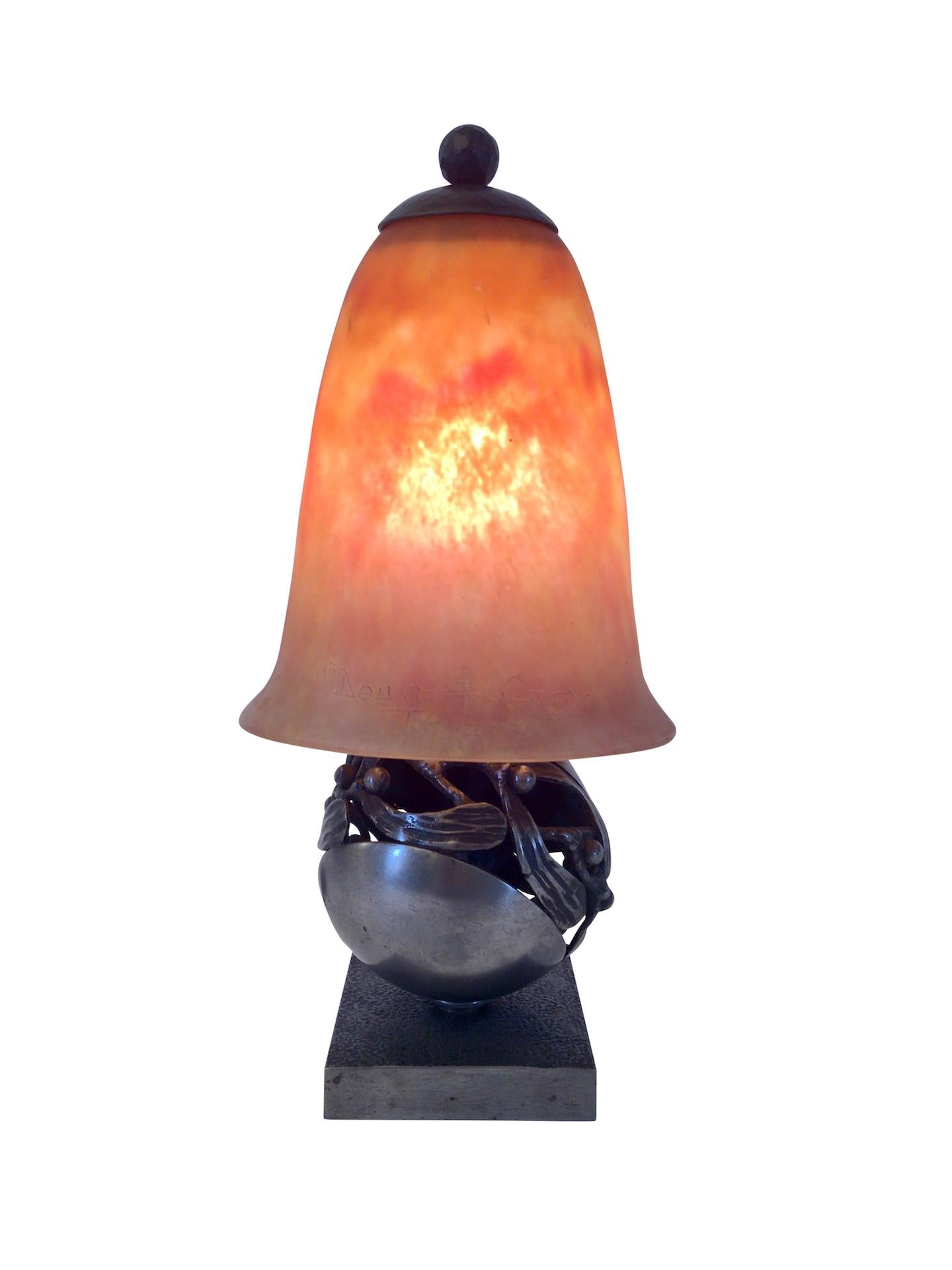 Beautiful little table lamp with powdered red/orange glass by 