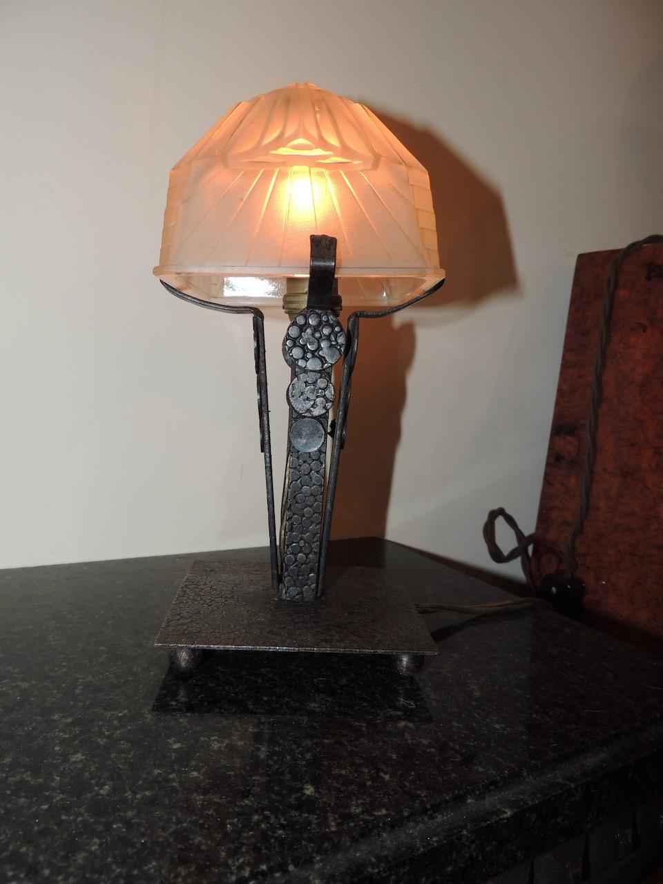 Art Deco Table Lamp Iron Schneider Glass Shade In Good Condition In Oakland, CA